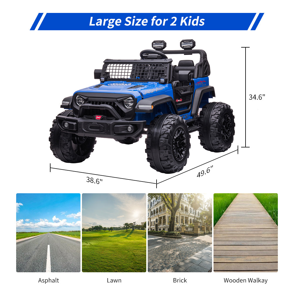 Garvee 24V Kids Ride On Car with Remote Control, 2 Seats 20“ Extra Large Seat Wide Truck, Power Wheels Vehicle, LED Brightlight, Front Storage, Bottle Holder, Central Control, Horn, Bluetooth, USB (Blue)