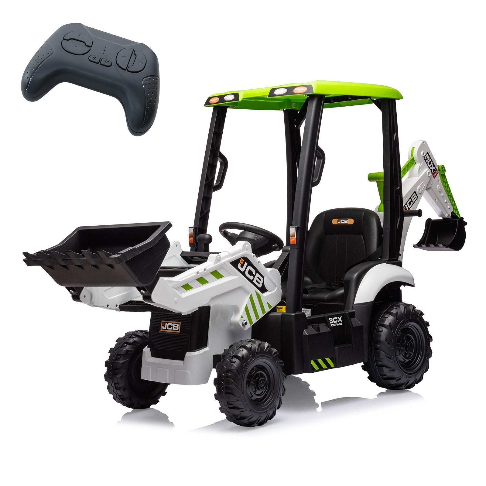 Garvee Ride - P Series: 4-in-1 Ride-On Tractor for Kids: Excavator, Bulldozer, Removable Tent, 12V Battery, Remote Control, Front Loader, Horn, EVA Tires - White