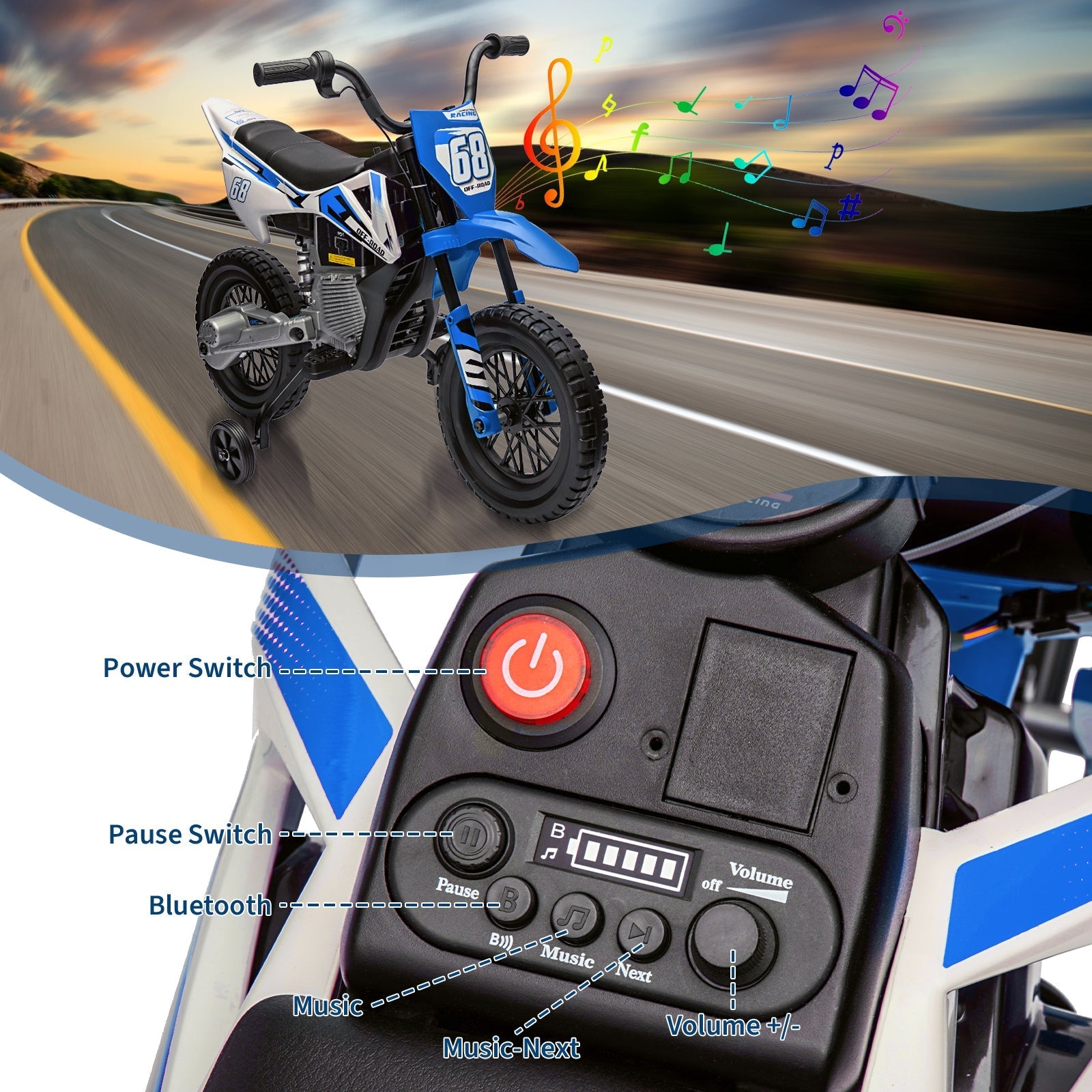 Garvee Ride - P Series: 12V Kids Electric Dirt Bike, 25W*2 Motor, Twist Grip Throttle, Spring Suspension, Training Wheels, Ride-On Toy - Blue
