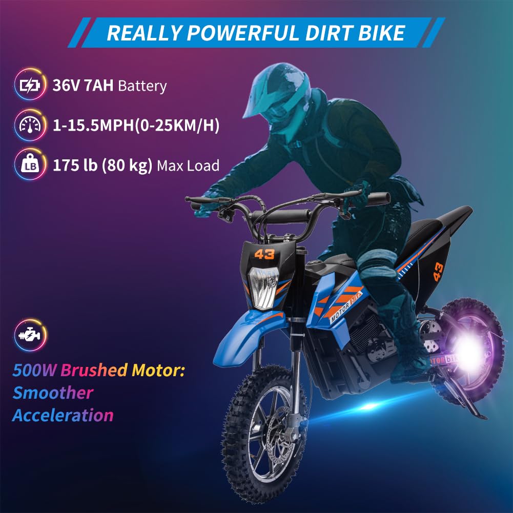 Garvee Ride - T Series: 36V Kids Electric Dirt Bike, 350W/15.5MPH Brushless Motor, LED, Comfortable Leather Seat, 175lbs Max Load Capacity-Blue