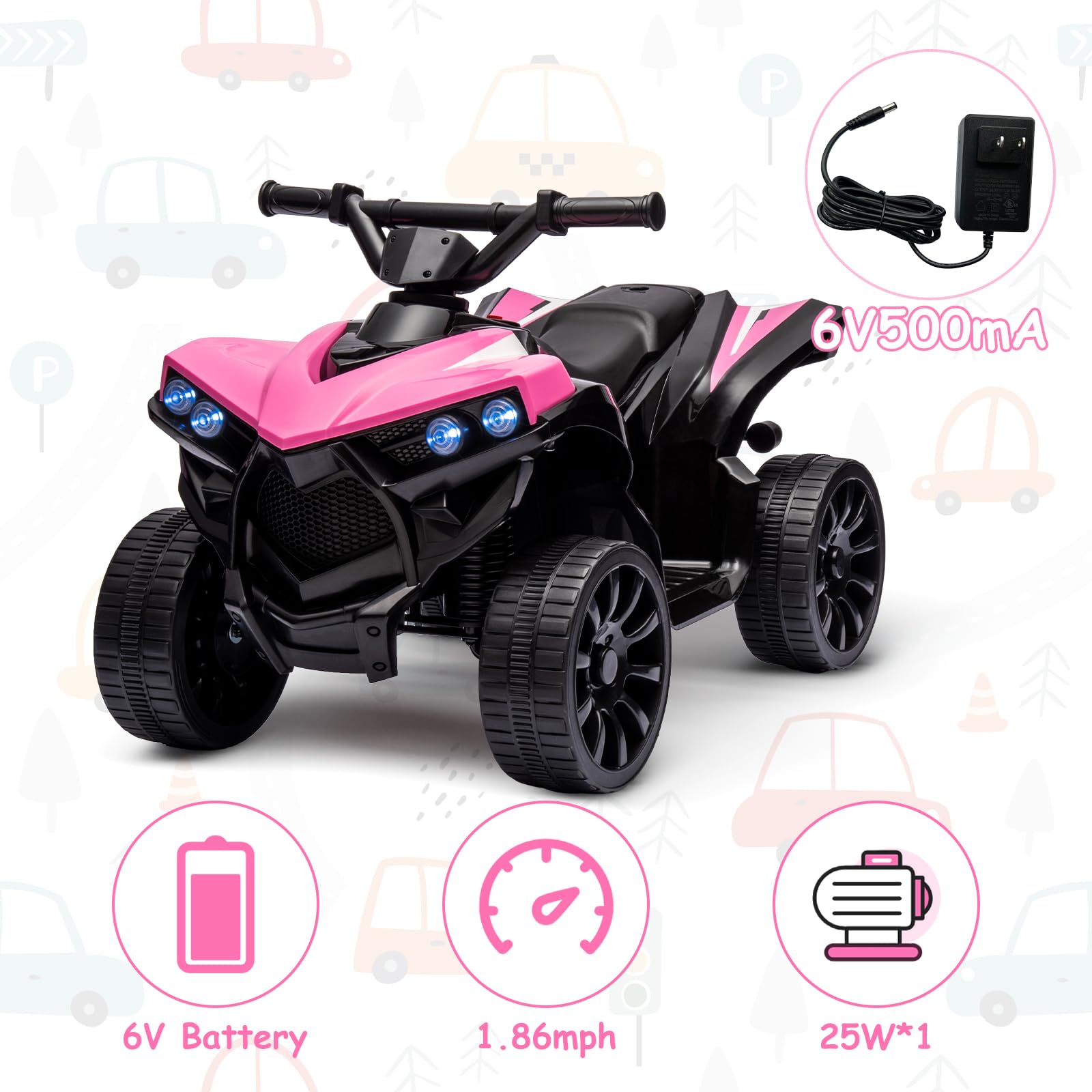 Garvee Ride - P Series: 6V Quad ATV for Kids Toddler 3+ years, Max 55lb Capacity ,With LED, Music, Foot Pedal, Wear-Resistant Wheels, 1.9 MPH - Pink