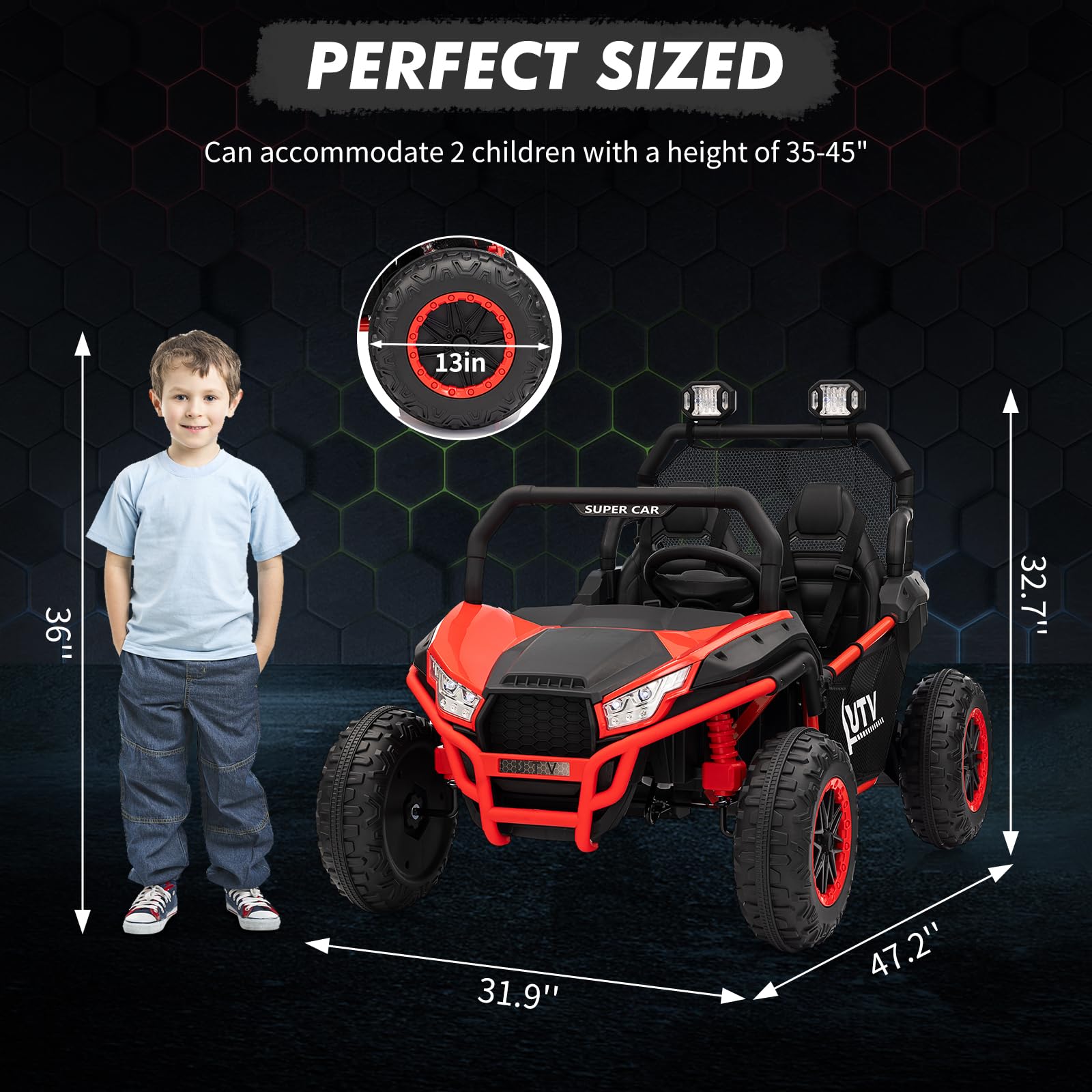 Garvee Ride - P Series: 24V 2 Seater Ride On Car, XXXL Off-Road Utv for Kids w/Metal Frame, 20 Inch Wide Seat, 400W Electric Vehicle Toy Car w/Pop Music, 3 Speeds for Boys and Girls,Red