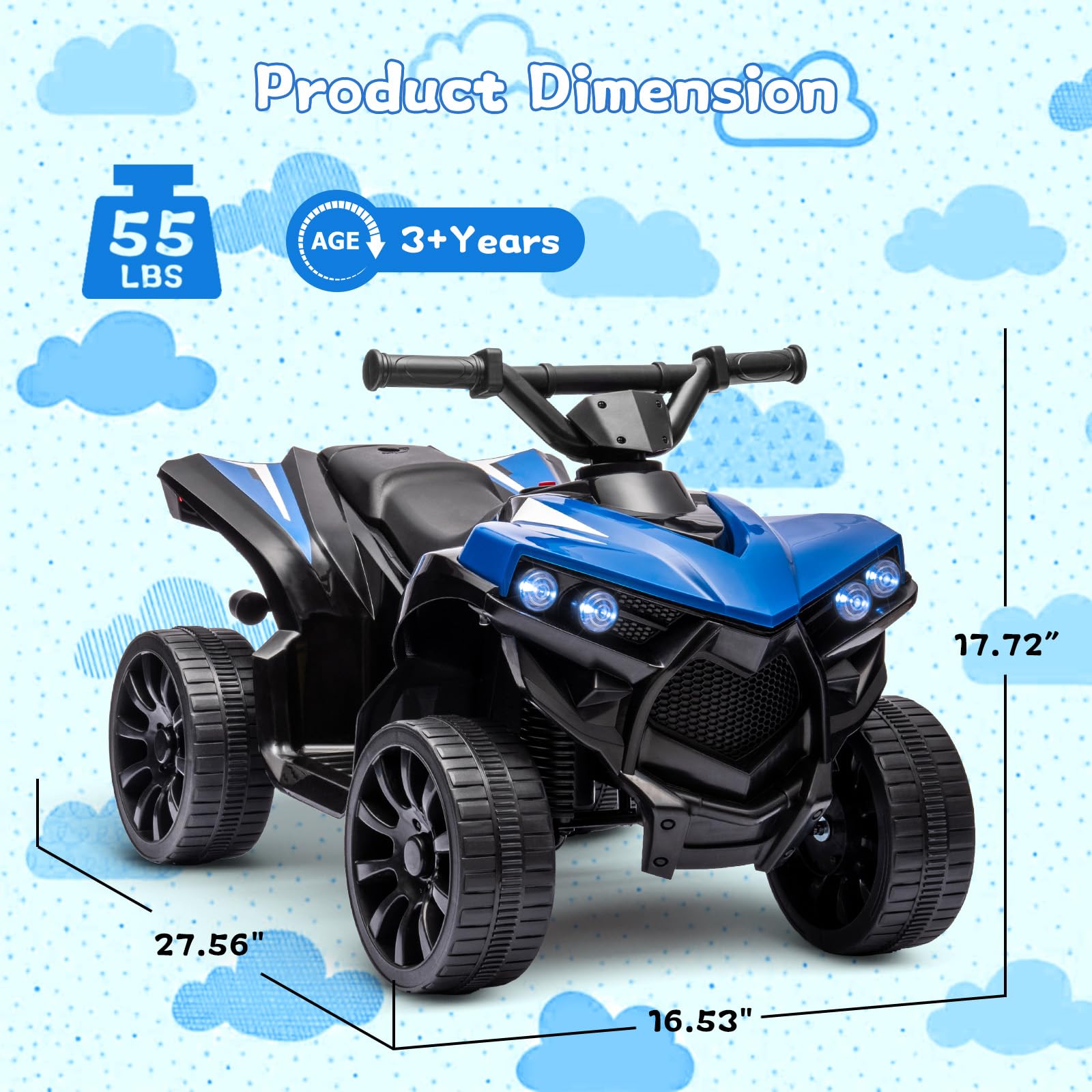 Garvee Ride - P Series: 6V Quad ATV for Kids Toddler 3+ years, Max 55lb Capacity, With LED, Music, Foot Pedal, Wear-Resistant Wheels, 1.9 MPH - Blue