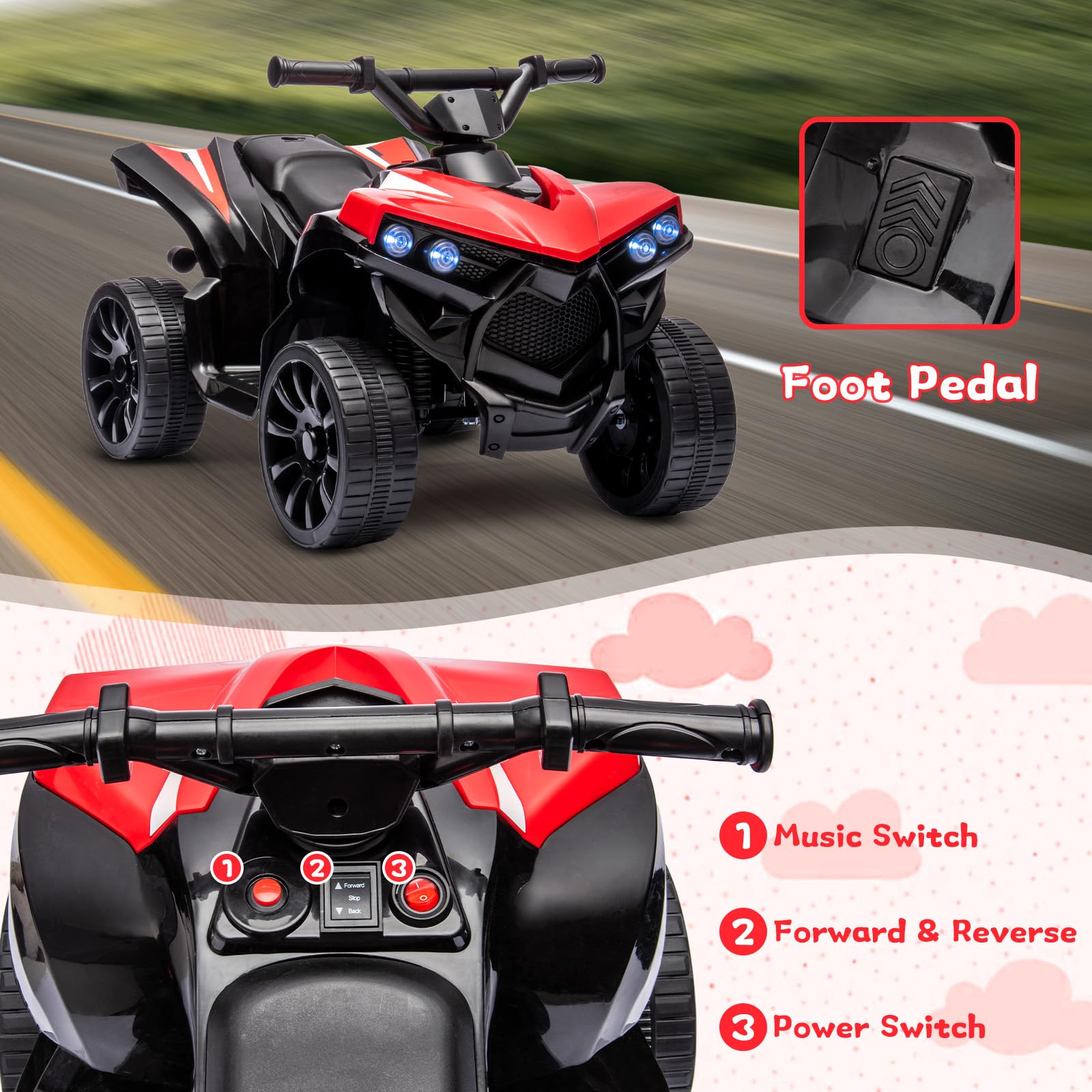 Garvee Ride - P Series: 6V Quad ATV for Kids Toddler 3+ years, Max 55lb Capacity ,With LED, Music, Foot Pedal, Wear-Resistant Wheels, 1.9 MPH - Red