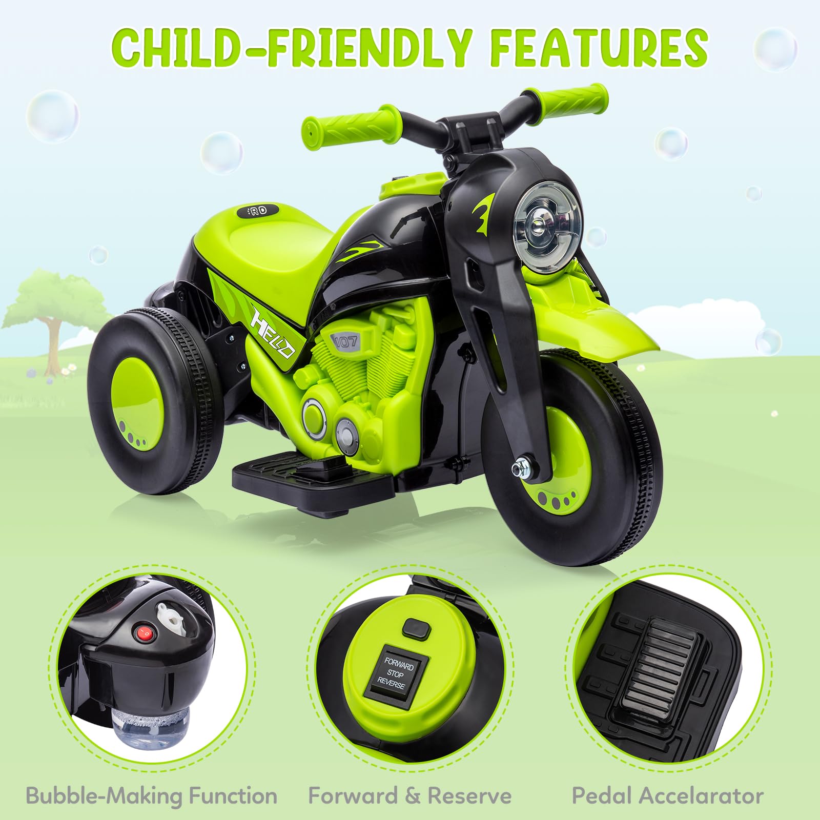 Garvee Ride - P Series: 6V Battery-Powered Electric Motorcycle with 1.9 Mph Speed, Led Headlights, Music, Pedal, Forward/Reverse, 3 Wheels | Motorbike Toy Gift for Toddlers 3 and Up - Green