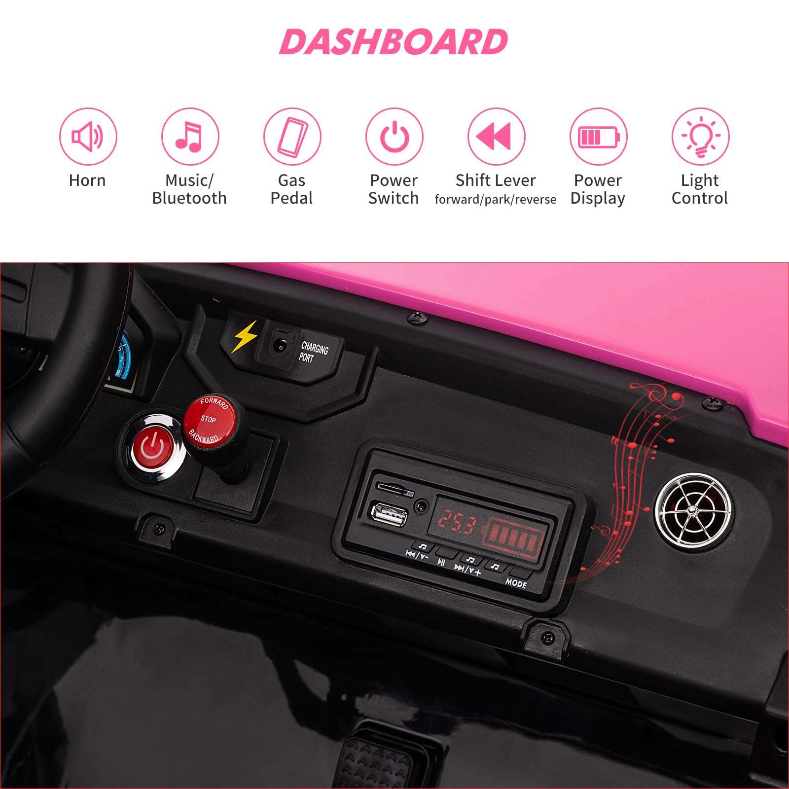 Garvee Ride - P Series: 24V 2-Seater Ride-On UTV: Remote Control, 4WD Motors, 21" Seats + Foldable Seat, 15.4" EVA Wheels, Music, LED Lights, 140lb Max Load - Pink