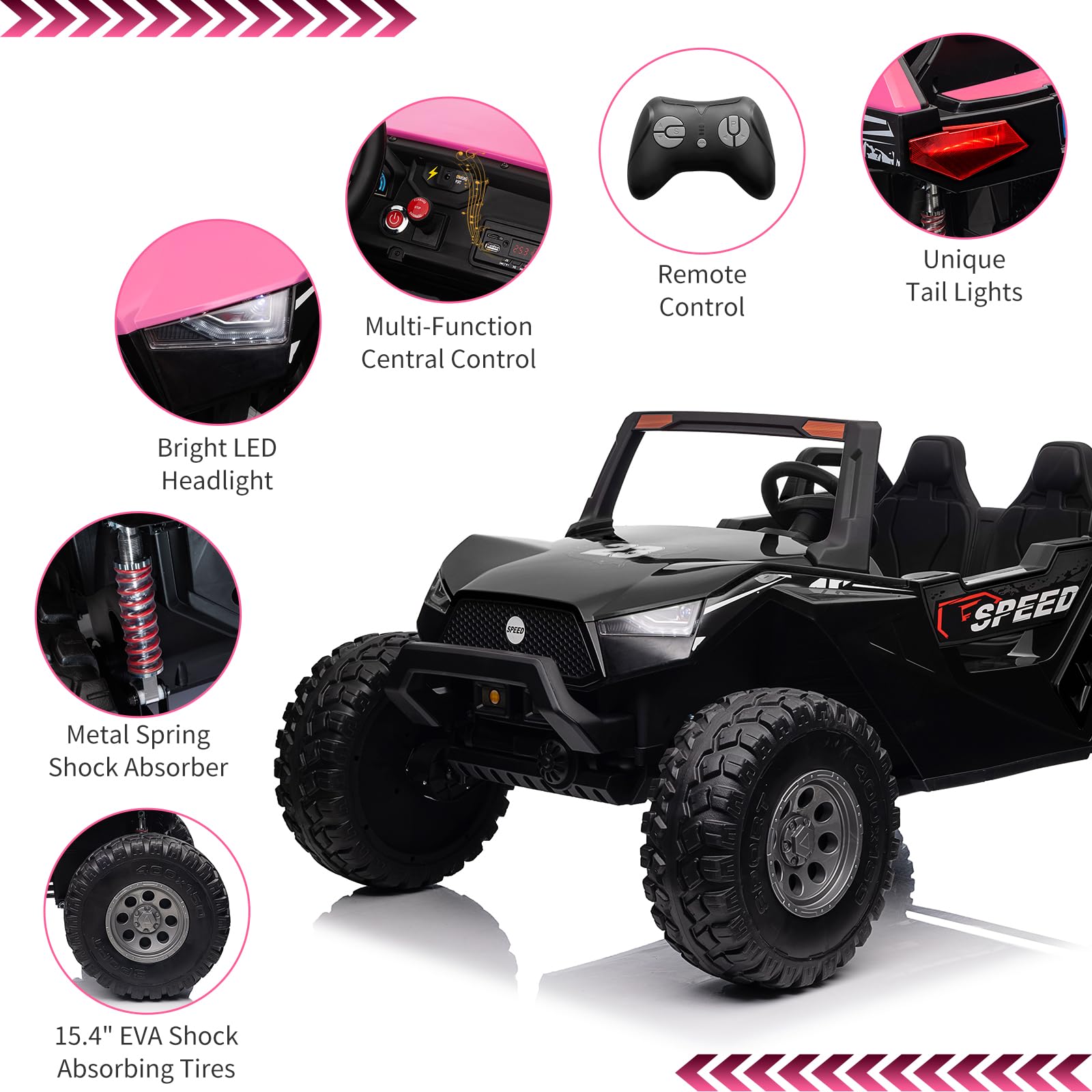 Garvee Ride - P Series: 24V 2-Seater Ride-On UTV: Remote Control, 4WD Motors, 21" Seats + Foldable Seat, 15.4" EVA Wheels, Music, LED Lights, 140lb Max Load - Pink