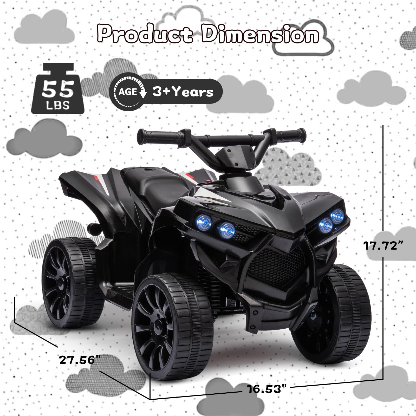 Garvee Ride - P Series: 6V Quad ATV for Kids Toddler 3+ years, Max 55lb Capacity ,With LED, Music, Foot Pedal, Wear-Resistant Wheels, 1.9 MPH - Black