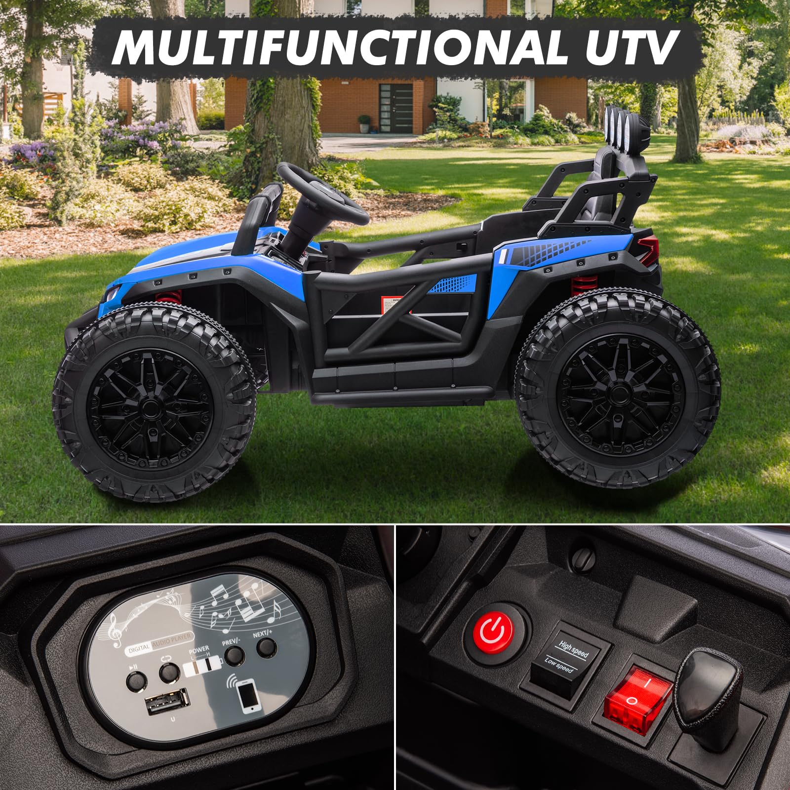 Garvee Ride - P Series: 24V Electric UTV,Ride On Toys for Big Kids,2x130W Powerful Electric Car with Remote Control, 4 Shock Absorbers,LED Lights,Music for Boys and Girls,Blue