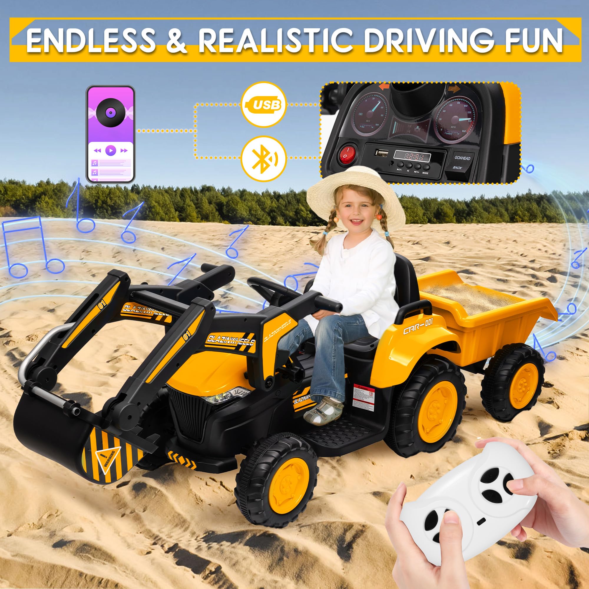 Garvee Ride - P Series: 12V 3 in 1 Ride on Excavator & Tractor with Detachable Trailer, Ride on Car Toy with Remote Control, Digger, LED Lights, Music, Kids Electric Vehicles for Boys Girls, Yellow