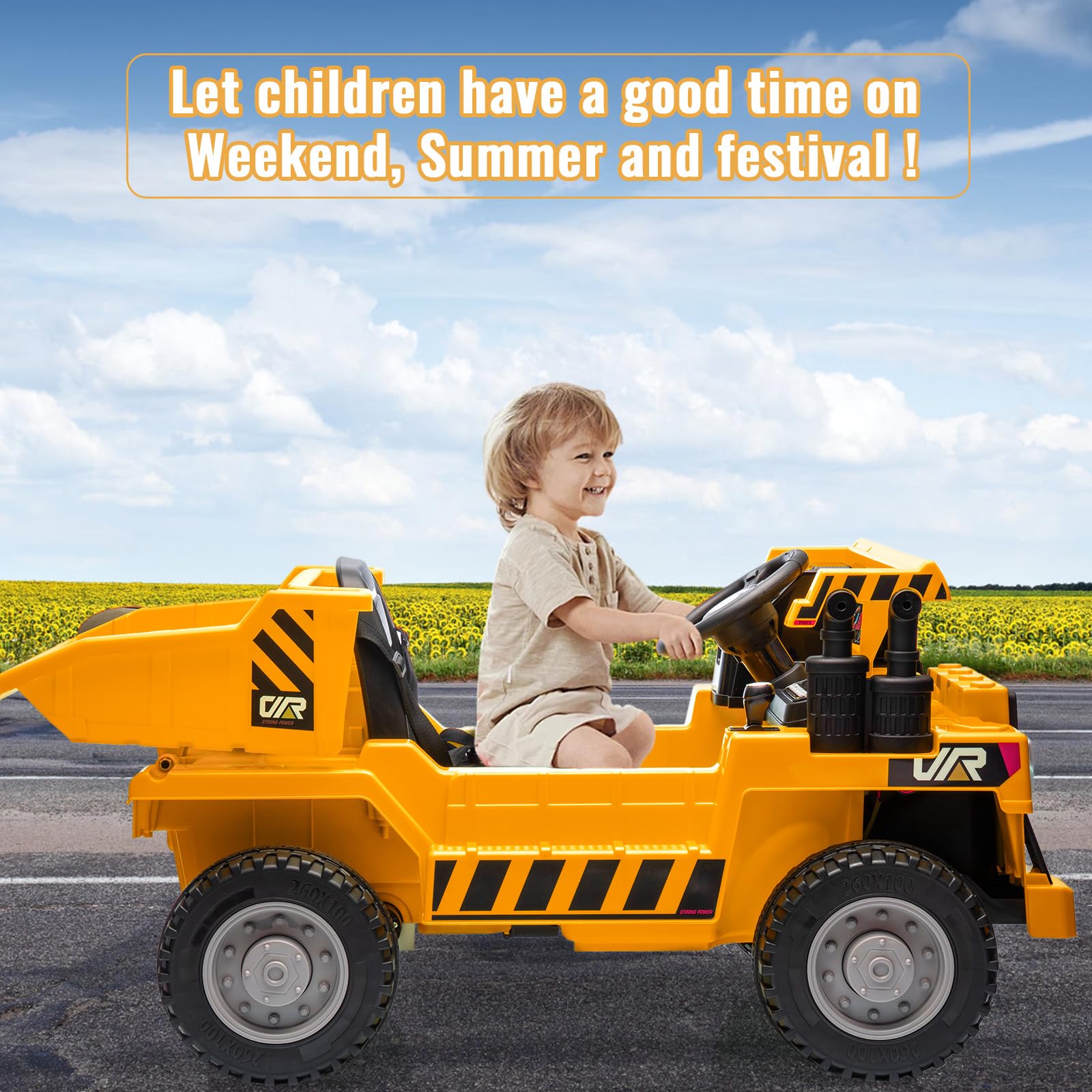Garvee Ride - P Series: 12V with Electric Dump Bed, Remote Control, MP3, USB, Music Player, Yellow, Safe All-Terrain Tires