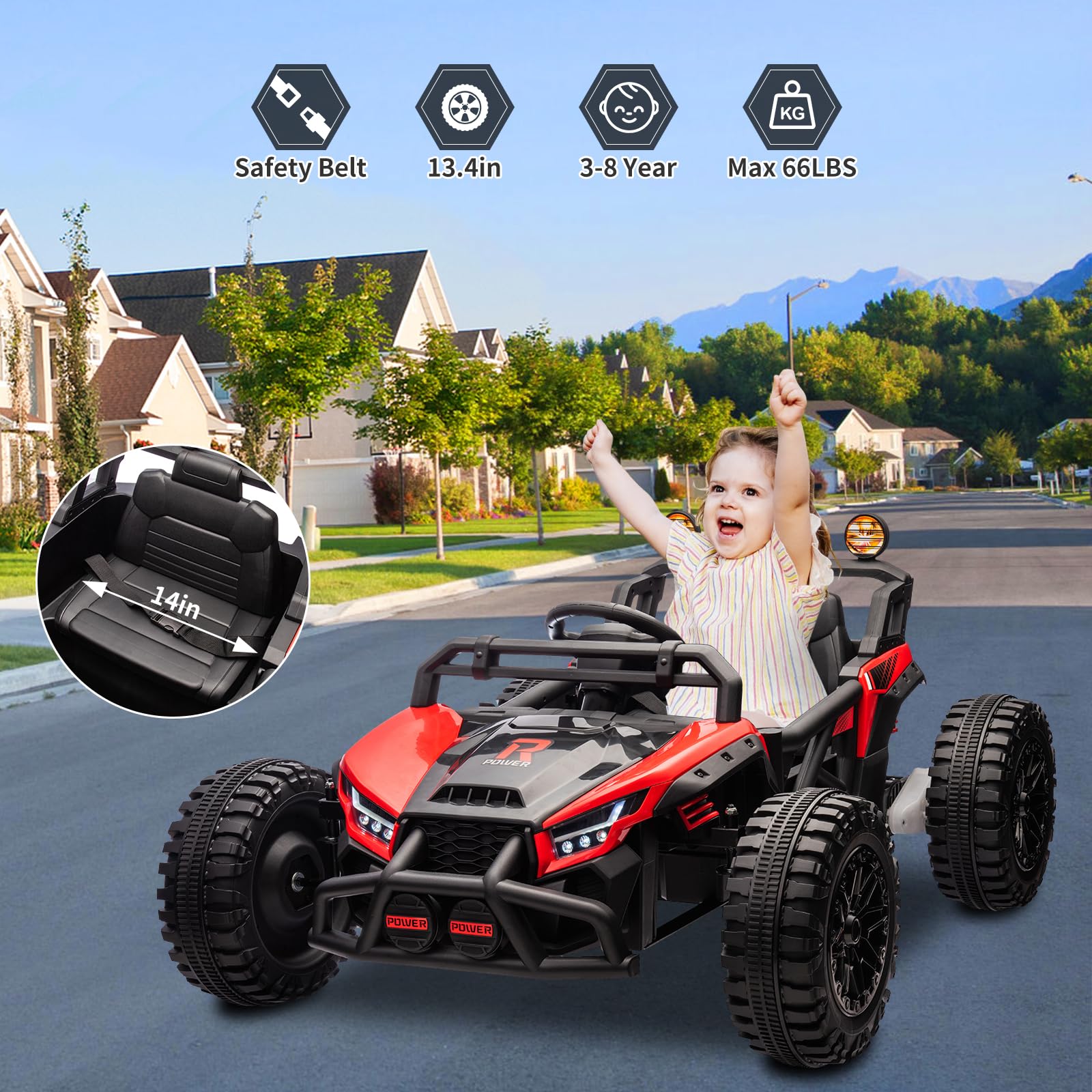 Garvee Ride - P Series: 24V Electric UTV,Ride On Toys for Big Kids,2x130W Powerful Electric Car with Remote Control, 4 Shock Absorbers,LED Lights,Music for Boys and Girls,Red