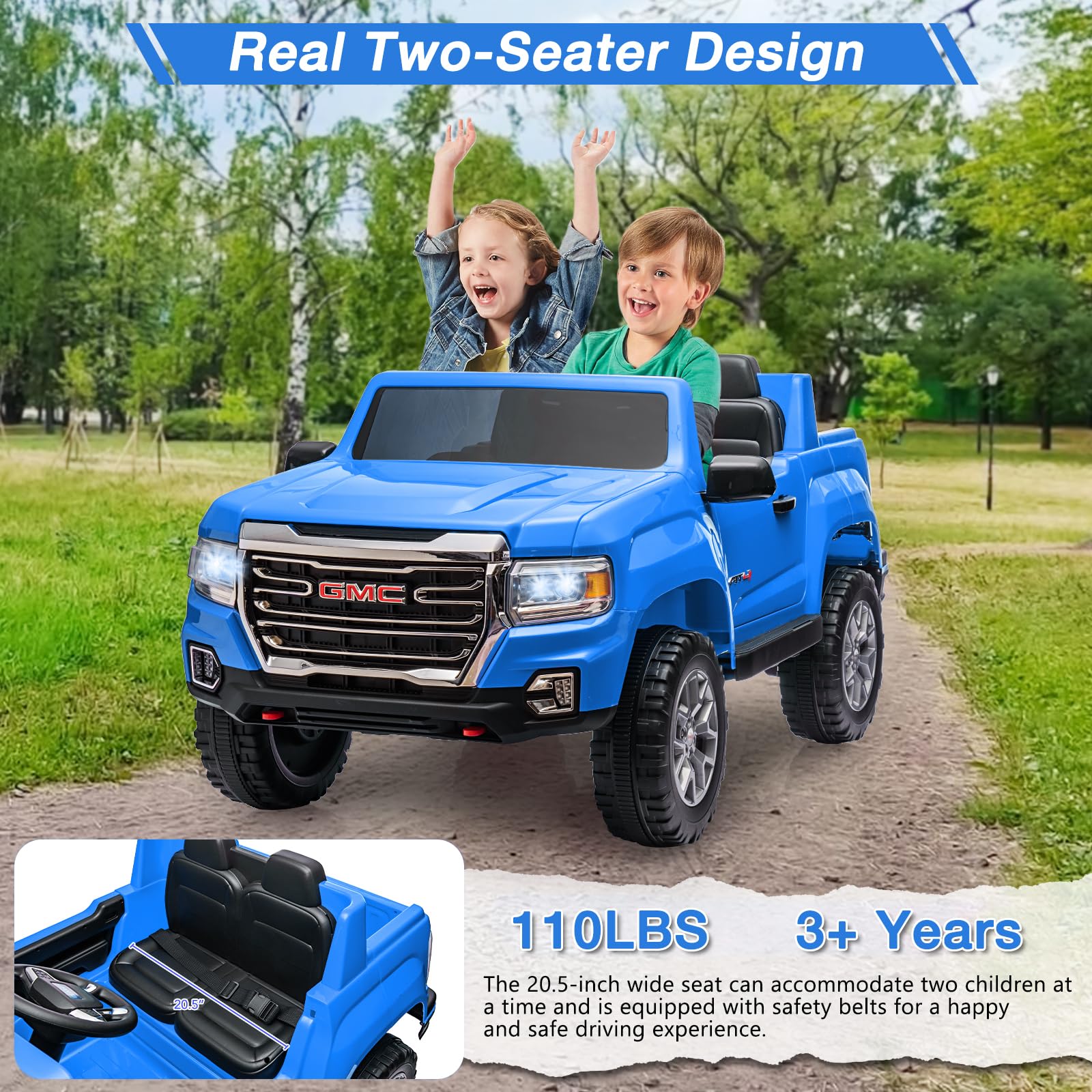 Garvee Ride - P Series: 24V 2-Seater Ride On Truck Car, Licensed GMC Battery Powered Electric Kids Car with Remote Control, LED Lights, MP3, 2 * 200W Motor, 20.5" Large Seat, Ride On Toys for Kids,Blue