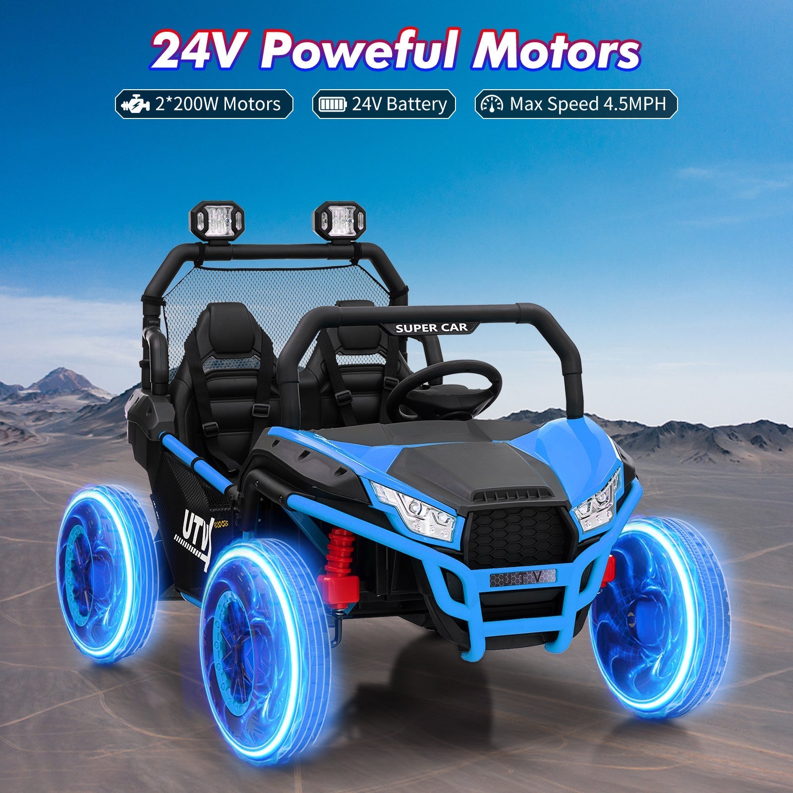 Garvee Ride - P Series: 2 Seater 24V Ride On Car,Electric Vehicle Utv Car for Kids,400W Motors Electric Truck With Remote,4.5MPH Max Speed,Four-Wheel Suspension,Music,Best Gift for Kids,Blue