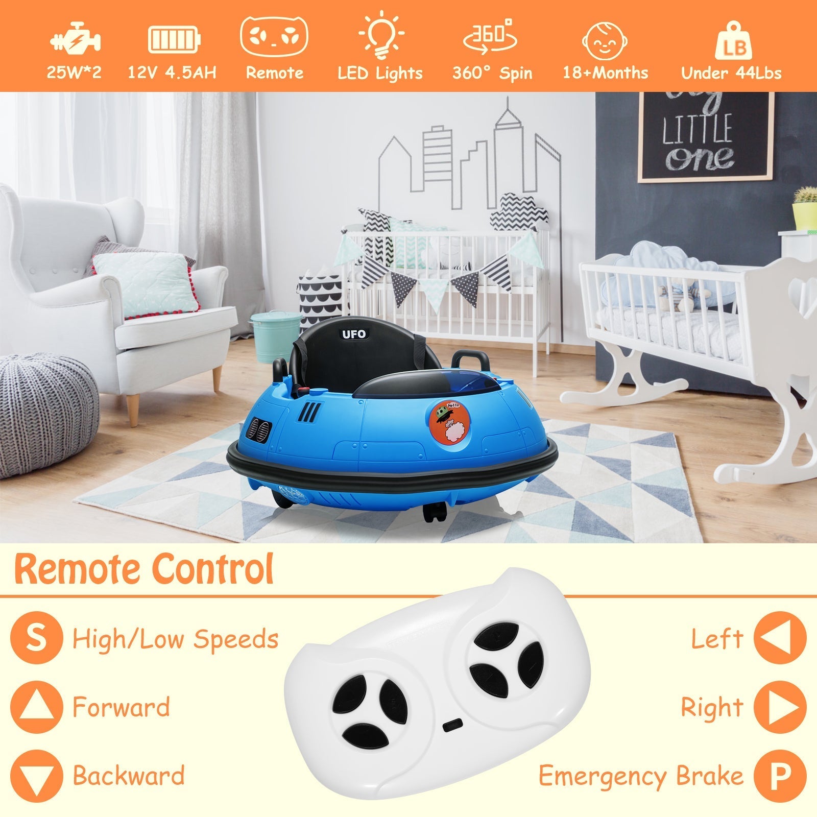 Garvee Ride B Series 12V Electric Ride on Bumper Car for Toddlers, Kids Bumper Car with Remote Control, LED Lights & 360 Degree Spin, Indoor and Outdoor for 18+ Months Kids - Blue