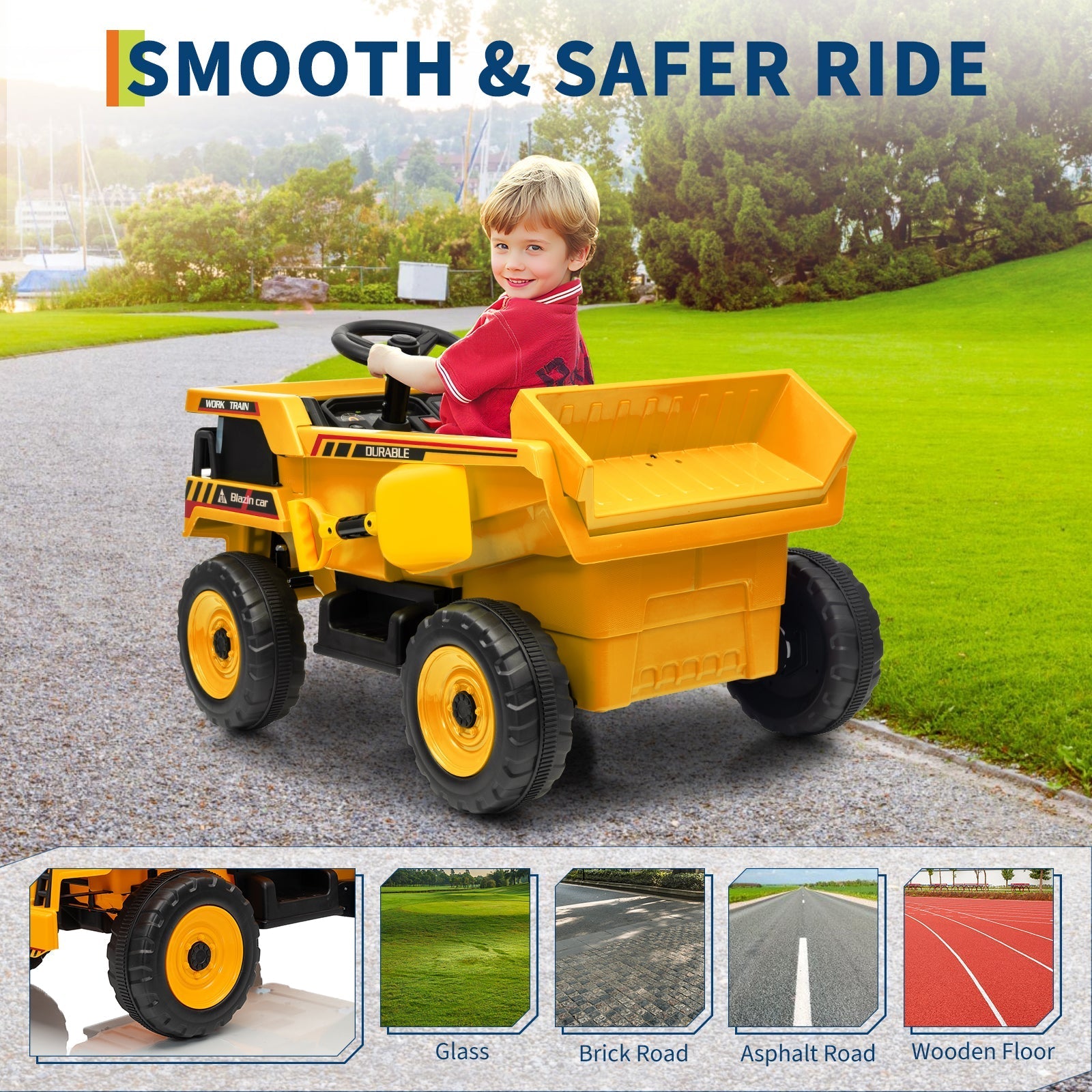 Garvee Ride - P Series: 12V Ride On Dump Truck for Kids with Remote Control & Electric Dump Bed, Durable PP Plastic, Spacious 16.5" Seat, Music, Headlights, Soft Start, Yellow, Outdoor Play