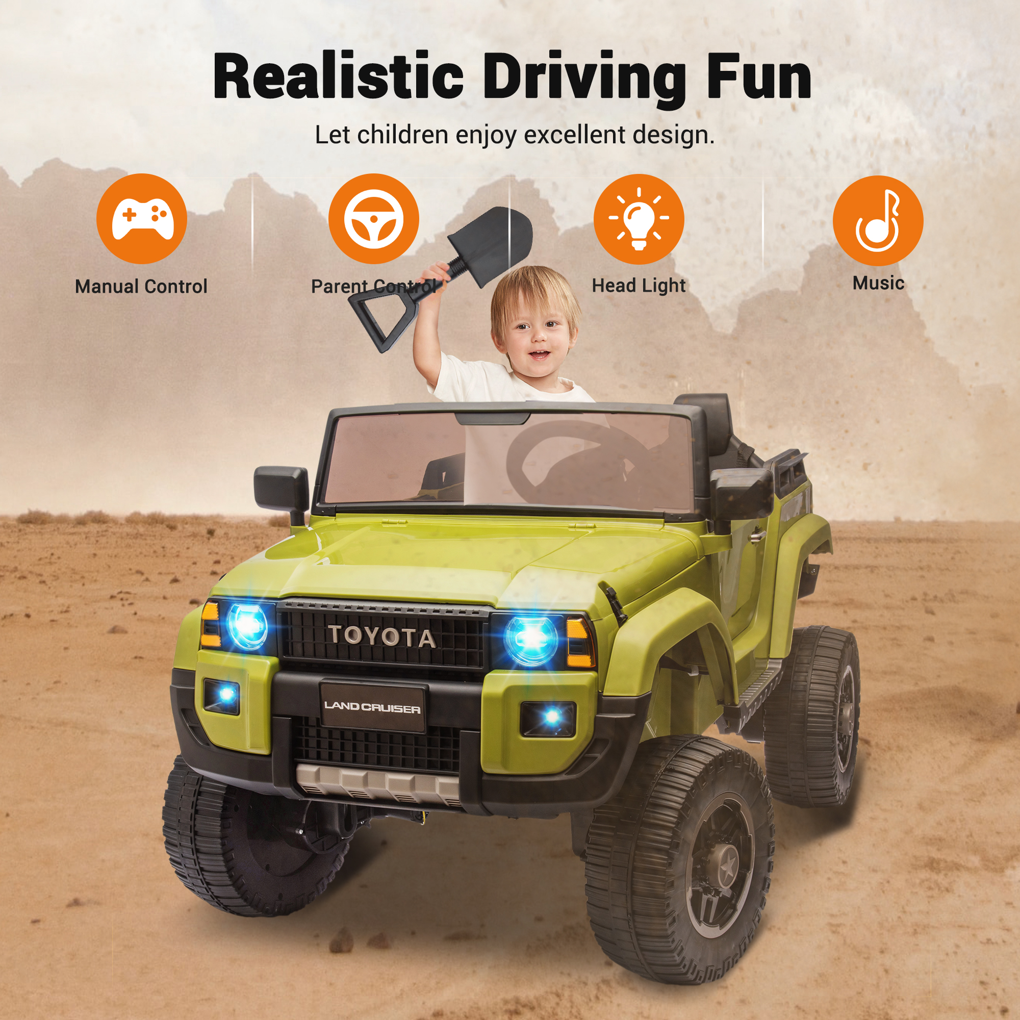 Garvee Ride P Series 24V Kids Electric Ride-On Car w/Parent Remote Control, 4WD/2WD Switch, Bluetooth Music, LED Lights & Shovel – 2-Seater Off-Road Toy for Over 3 Years, ASTM/CPSIA Certified