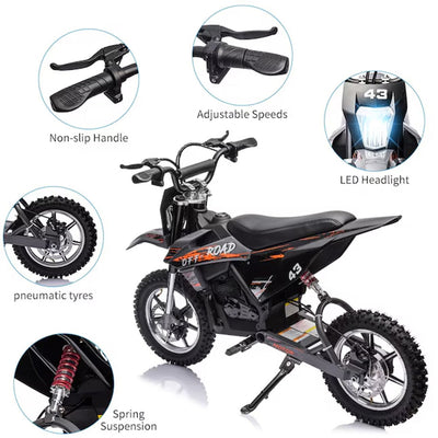 Garvee Ride - T Series: 36V Kids Electric Dirt Bike, 350W/15.5MPH Brushless Motor, LED, Comfortable Leather Seat, 175lbs Max Load Capacity- Black