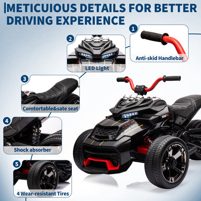 Garvee 12V Kids Ride On Toy 2x55W Engine 7AH Battery 3-7 km/h Speed 3-Wheeler Electric Vehicle with LED Lights Music USB Ideal for Outdoor Fun and Safe Play - Black