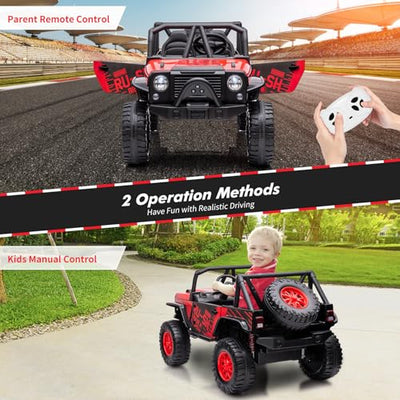 Garvee Ride - P Series: 2-Seater Ride On Truck for Kid, 24V Battery Powered Kids Car with Remote Control, 19" Extra Wide Seat, 2 Motors, Led Light, Enhanced Suspension - Red