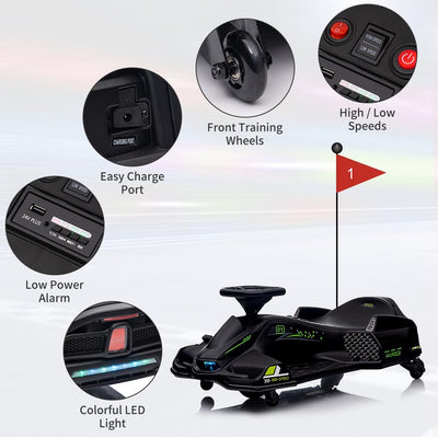 Garvee Ride - P Series: 12V Kids Drift Car: 45W Motor, 5 MPH, Music, LED, USB, Low-Power Alarm, 110lb Max - Black