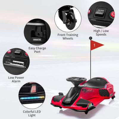 Garvee Ride - P Series: 12V Kids Ride on Drift Car for Kids, 7ah 45W Motor Electric Drifting Go-Kart Up to 5 mph Variable Speed, Built-in Music,Colorful Tail LED Light,USB,Low-Power Alarm,Max Load 110lbs, Blue - Red