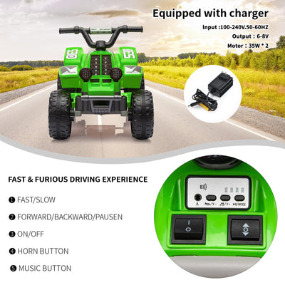 Garvee Ride - P Series: 6V Kids Ride On Electric Quad ATV, Ride Car with LED Headlights, Ride-On Toy for Toddlers 1-3 Boys & Girls with Music, Forward & Reverse - Green