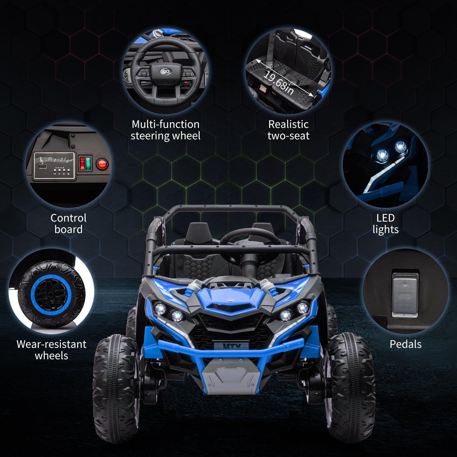 Garvee Ride - P Series: 24V Ride On Utv For Kids,2 Seater 4WD Electric Truck With Remote Control, High And Low Speed Adjustment, Led Lights, 4 Shock Absorbersm,One Click Start, Music Player(Blue)