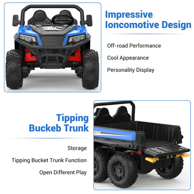 Garvee Ride - P Series: 24V 4WD Electric Ride On Dump Truck with Remote Control, 2-Seater, Music Player, LED Lights, Key Start Safety System, Durable Plastic, Off-Road Kids Toy for Ages 3+ - Blue