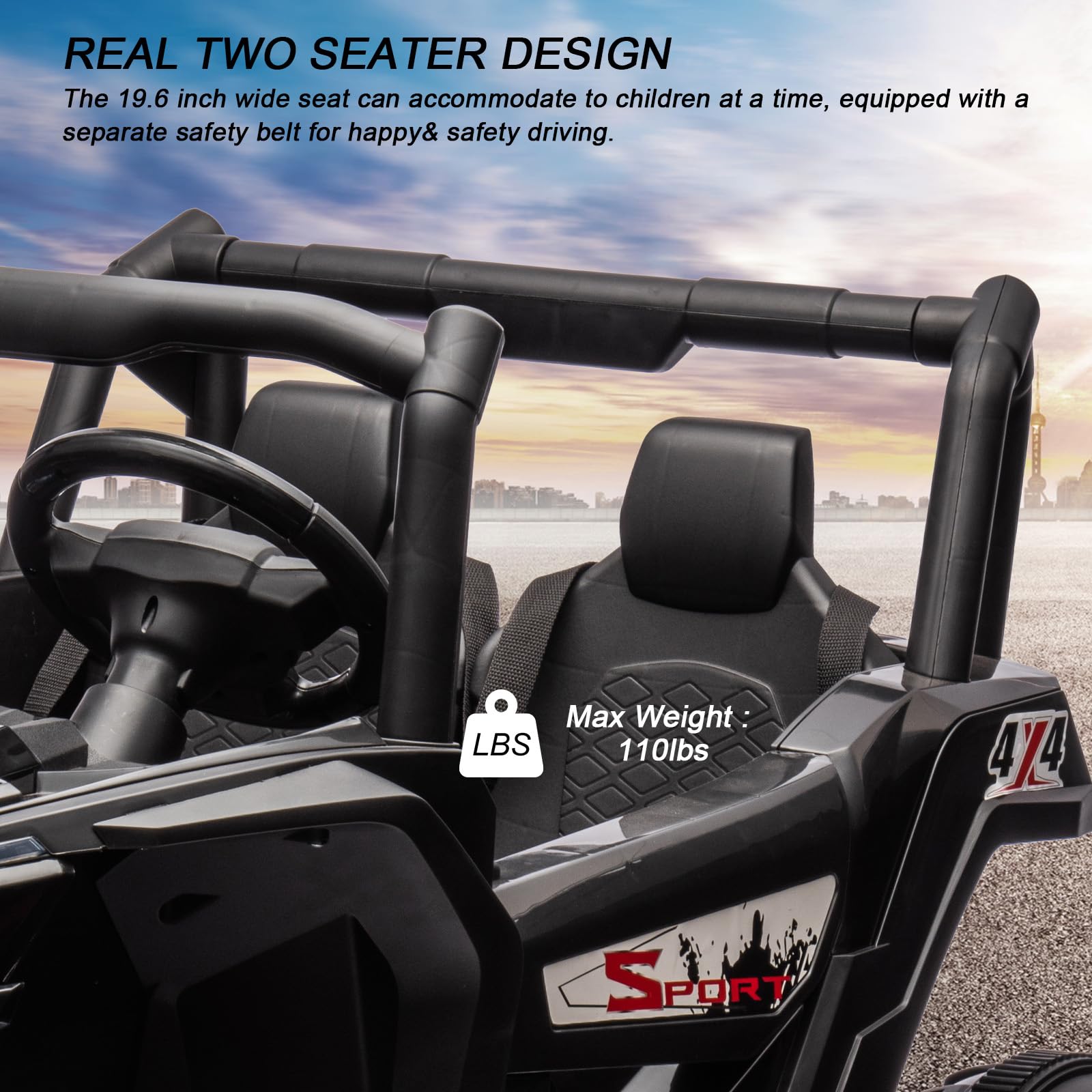 Garvee Ride - P Series: 24V 2-Seater Ride-On UTV: 4WD, Remote Control, Metal Frame, EVA Wheels, LED Lights, Spring Suspension, for Ages 3+ - Black