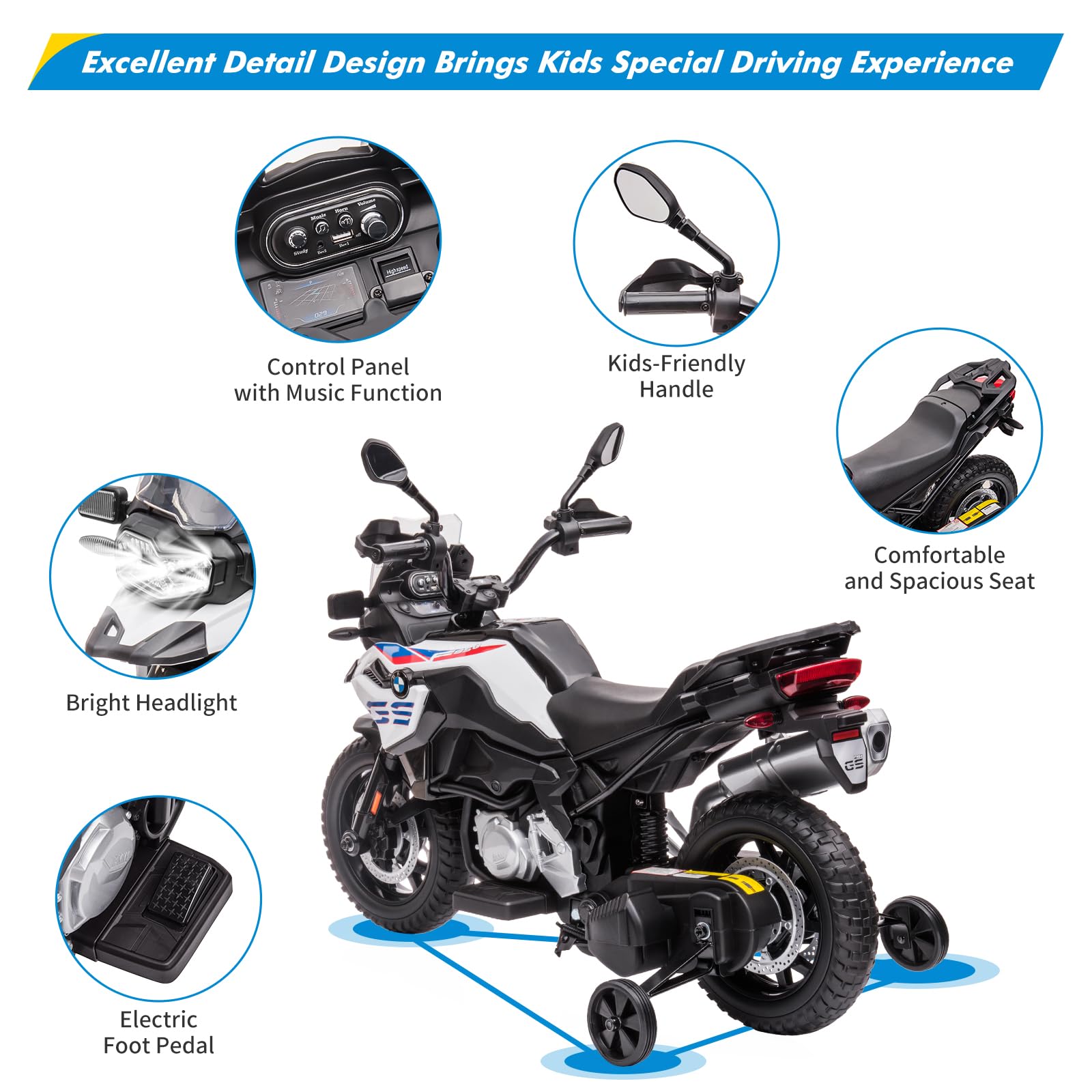 Garvee Ride - P Series: 12V 7AH Kids Motorcycle + Licensed BMW + High/Low Speed, EVA Tire + LED Headlights, Spring Suspension + Music, Storage + Boys and Girls