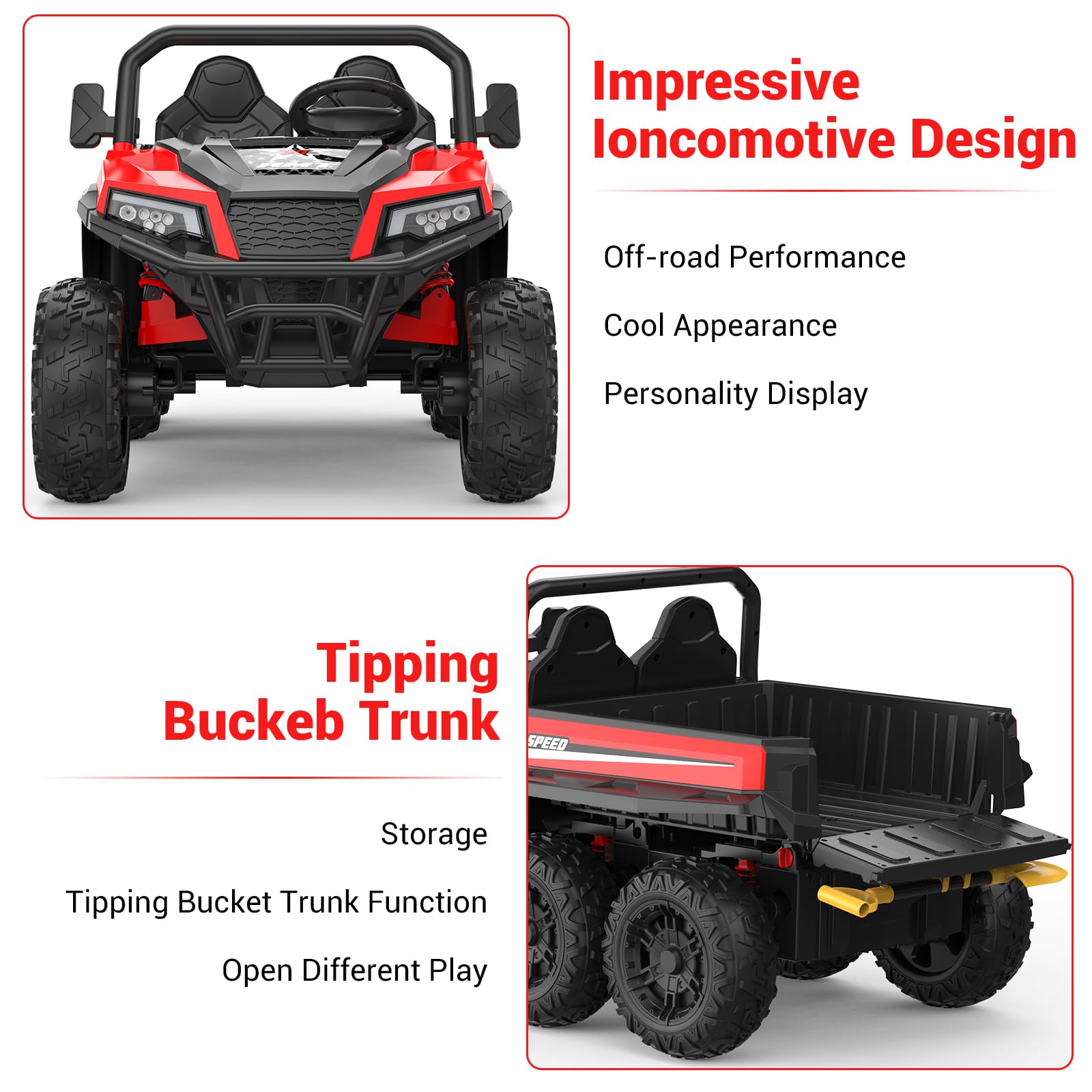 Garvee Ride - P Series: 24V 4WD Electric Ride On Dump Truck with Remote Control, 2-Seater, Music Player, LED Lights, Key Start Safety System, Durable Plastic, Off-Road Kids Toy for Ages 3+ - Red