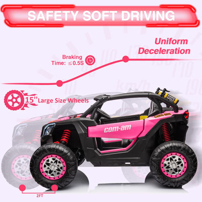 Garvee Ride - P Series: 24V 2 Seater Kids Ride on UTV Car For age 3+, w/Remote Control, 4WD Powerful Electric Vehicle with 4x75W Motors, 4 Shock Absorber, Leather Seat, Music and Light - Pink