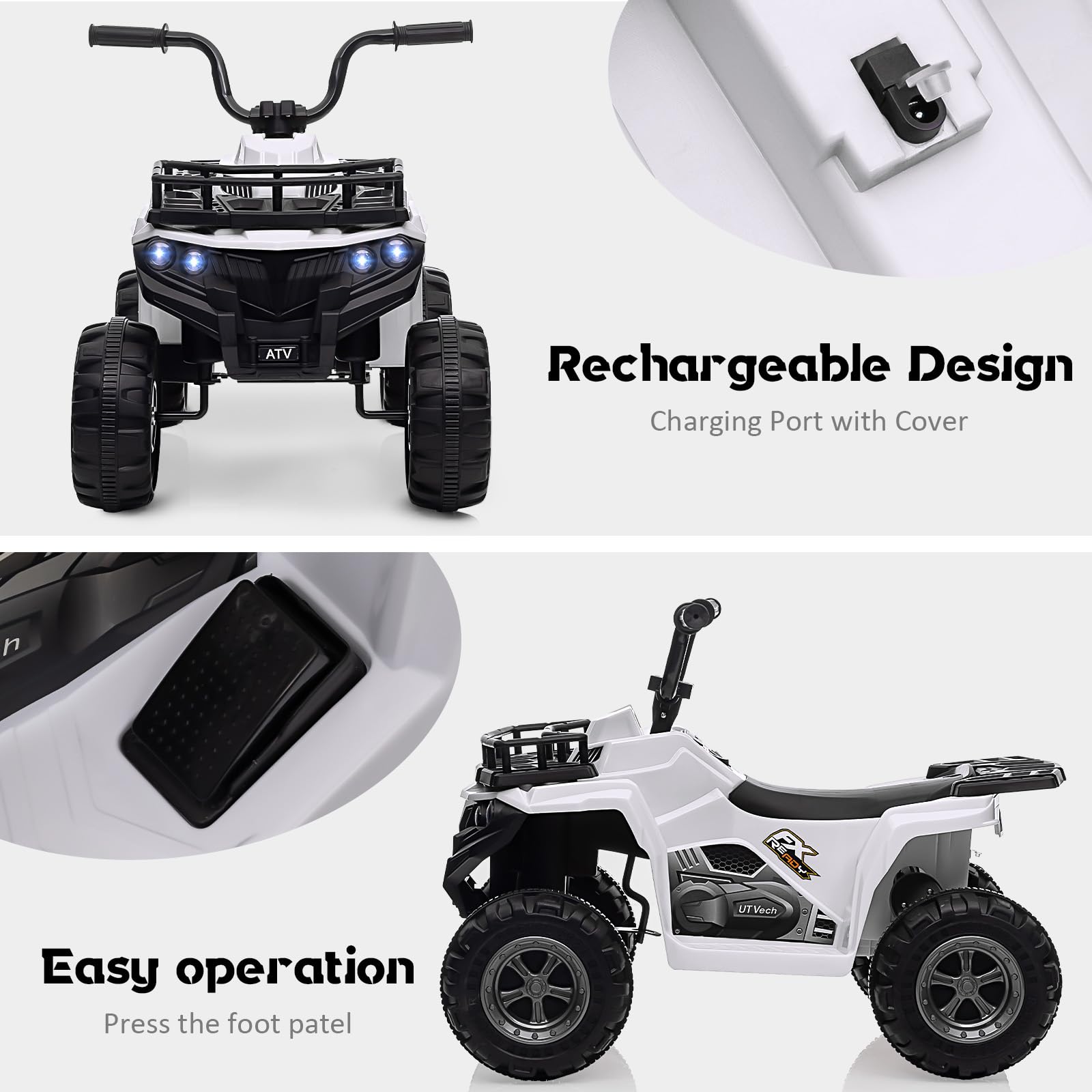 Garvee Ride - P Series: 12V Kids Ride On Electric Quad ATV, Ride Car Toy with Bluetooth Audio,High/Low Speed, LED Headlights, Battery Indicator & Radio Orange - White