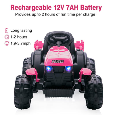 Garvee Ride - P Series: 12V Kids Ride On Tractor with Trailer, LED Lights for Boy Girl - Pink