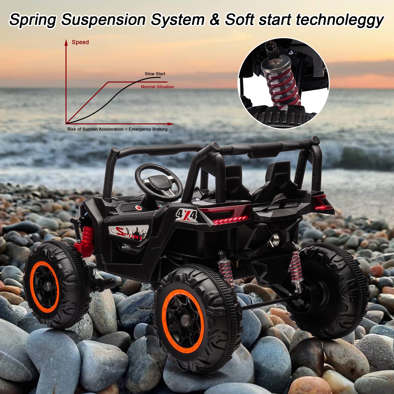 Garvee Ride - P Series: 24V 2-Seater Ride-On UTV: 4WD, Remote Control, Metal Frame, EVA Wheels, LED Lights, Spring Suspension, for Ages 3+ - Black