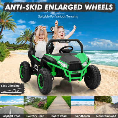 Garvee Ride - P Series: 24V 2 Seater Ride On Car, XXXL Off-Road Utv for Kids w/Metal Frame, 20 Inch Wide Seat, 400W Electric Vehicle Toy Car w/Pop Music, 3 Speeds for Boys and Girls,Green