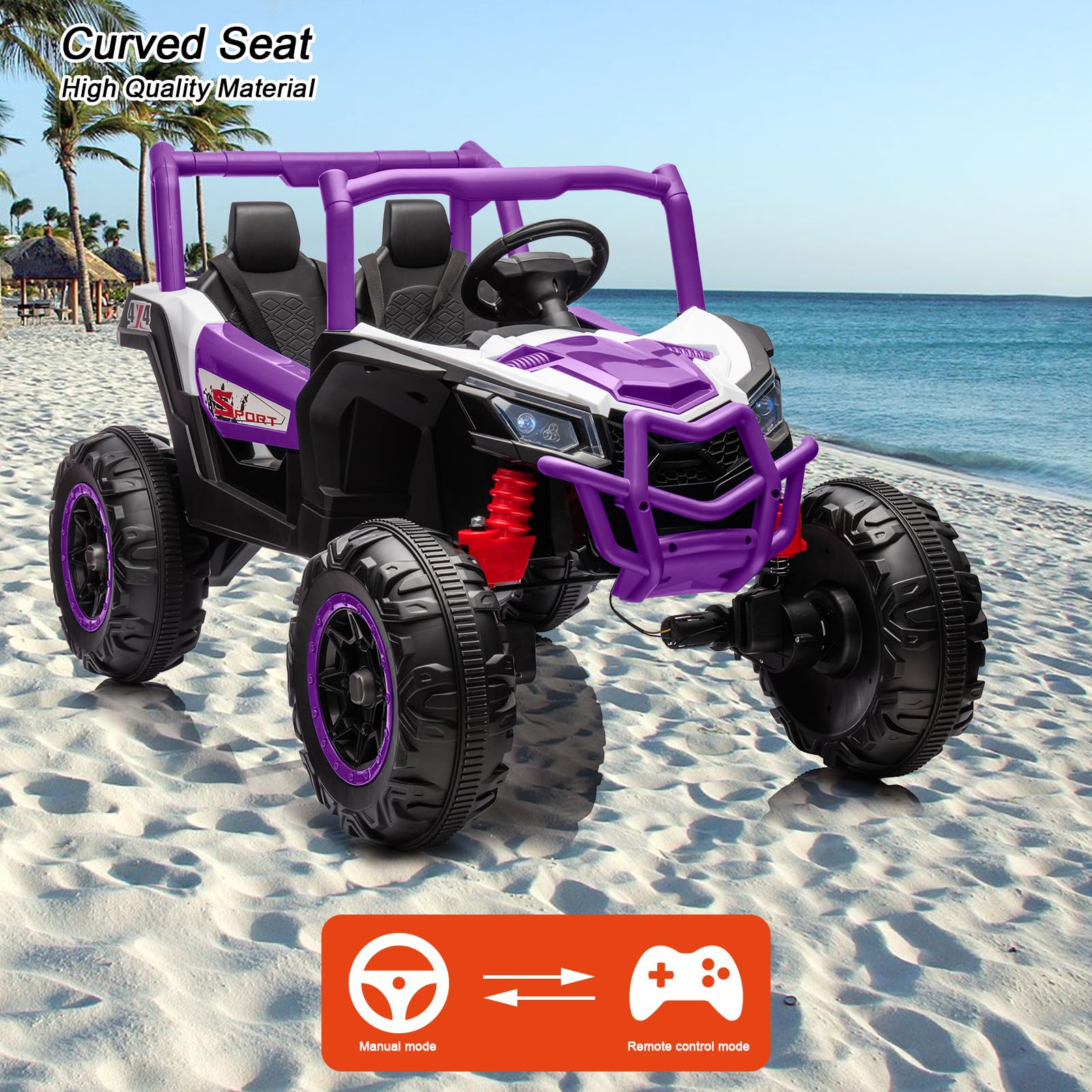 Garvee Ride - P Series: 24V 2-Seater Ride-On UTV: 4WD, Remote Control, Metal Frame, EVA Wheels, LED Lights, Spring Suspension, for Ages 3+ - Purple