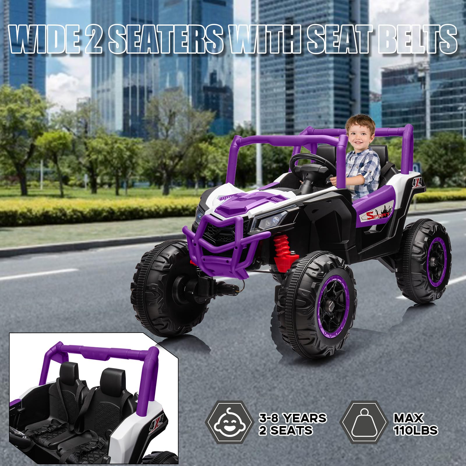 Garvee Ride - P Series: 24V 2-Seater Ride-On UTV: 4WD, Remote Control, Metal Frame, EVA Wheels, LED Lights, Spring Suspension, for Ages 3+ - Purple