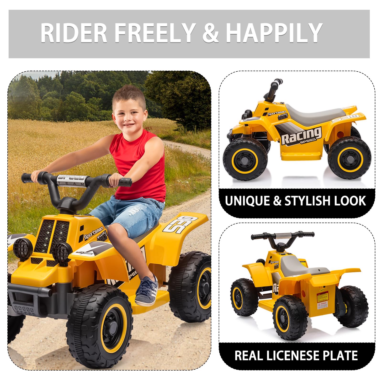 Garvee Ride - P Series: 6V Kids Ride On Electric ATV, Ride Car with LED Headlights, Ride-On Toy for Toddlers 1-3 Boys & Girls with Music, Forward & Reverse - Yellow