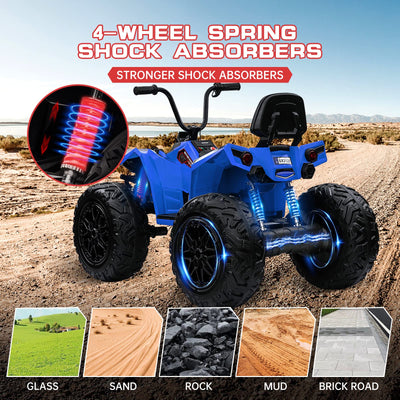 Garvee Ride - P Series: 24V Kids Quad ATV, Ride on Car 4WD Quad Electric Vehicle, 4x80W Powerful Engine, with 7AHx2 Large Battery, Accelerator Handle, EVA Tire, Full Metal Suspension, LED Light, Bluetooth&Music - Blue