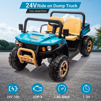 Garvee Ride - P Series: 24v Ride On Dump Truck, 2 Seater Electric Ride On Car Toy for Kids, Battery Powered UTV with 4x35W Motors, Shovel, Bluetooth, Remote Control, Music, LED Lights for Boys & Girls - Blue