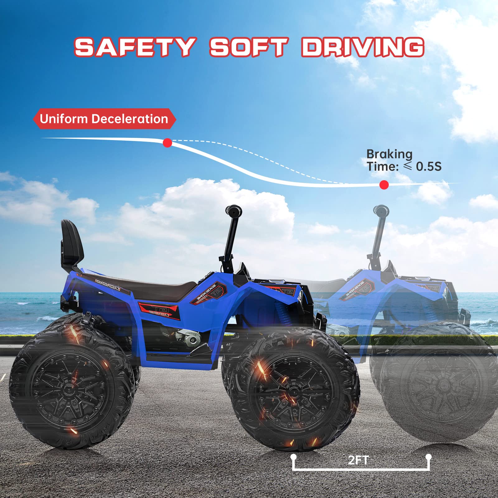 Garvee Ride - P Series: 24V Kids Quad ATV, Ride on Car 4WD Quad Electric Vehicle, 4x80W Powerful Engine, with 7AHx2 Large Battery, Accelerator Handle, EVA Tire, Full Metal Suspension, LED Light, Bluetooth&Music - Blue