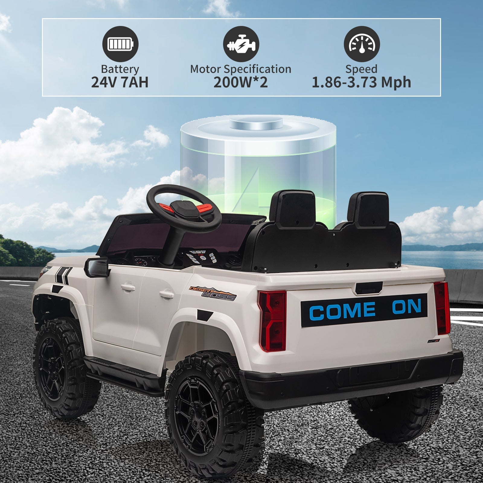 Garvee Ride - P Series: 24V Kids Ride On Car 2 Seater Electric Ride On Toy for Toddlers Battery Powered Truck Car With Remote Control, Battery Display, Handle, Trunk, LED Lights, Music (White)