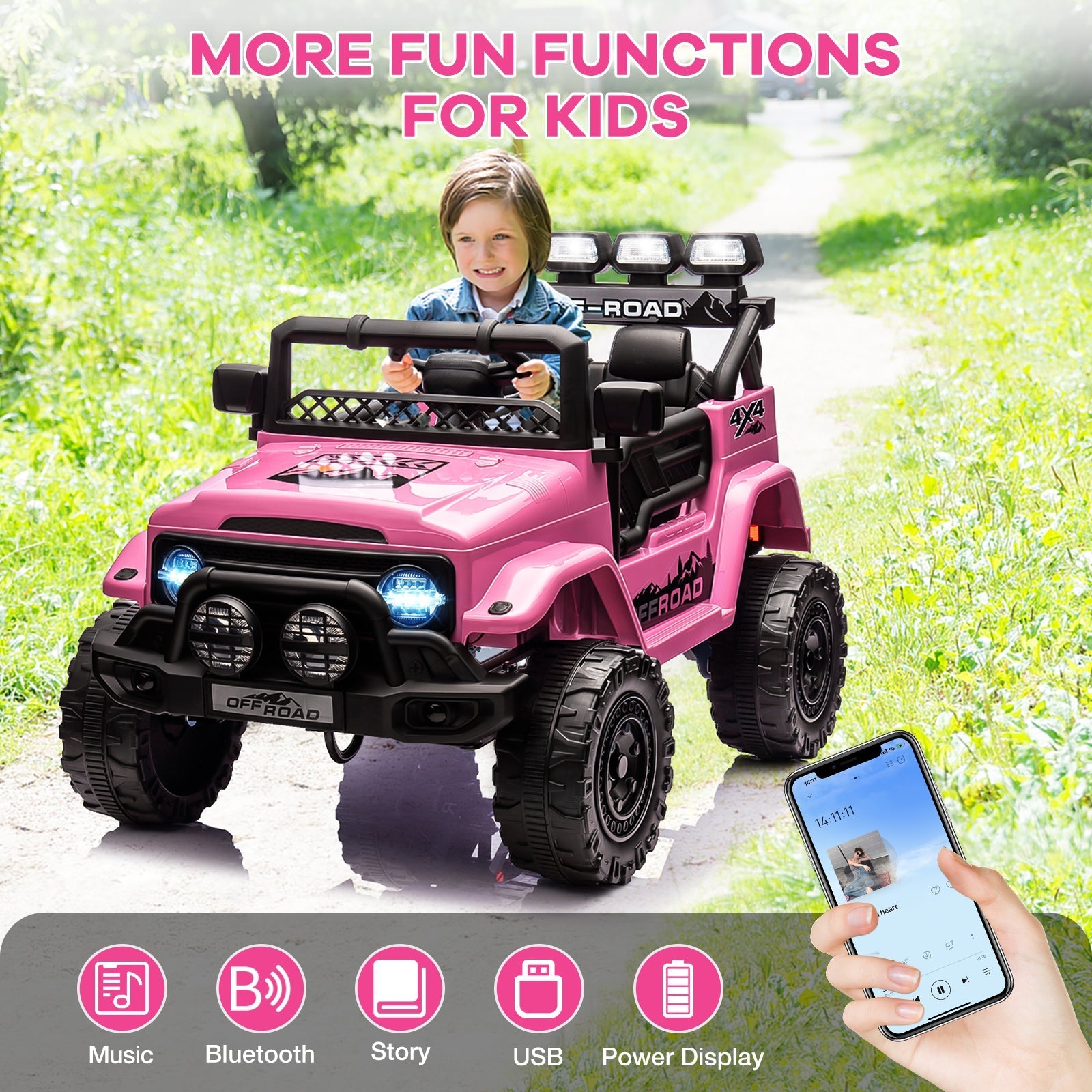 Garvee Ride - P Series: 12VElectric Ride on Truck Car For Kids Age 3+, Remote Control, Twin 25W Motors 3.1MPH Max Speed, Bluetooth USB Music Player, 4 Wheels Suspension LED Lights Safety Belt, Gift for Boy & Girl - Pink
