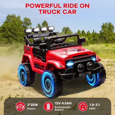 Garvee Ride - P Series: 12V Electric Ride on Truck Car For Kids Age 3+, Remote Control, Twin 25W Motors 3.1MPH Max Speed, Bluetooth USB Music Player, 4 Wheels Suspension LED Lights Safety Belt, Gift for Boy & Girl - Red