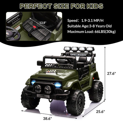 Garvee Ride - P Series: 12V Electric Ride on Truck Car For Kids Age 3+, Remote Control, Twin 25W Motors 3.1MPH Max Speed, Bluetooth USB Music Player, 4 Wheels Suspension LED Lights Safety Belt, Gift for Boy & Girl - Green